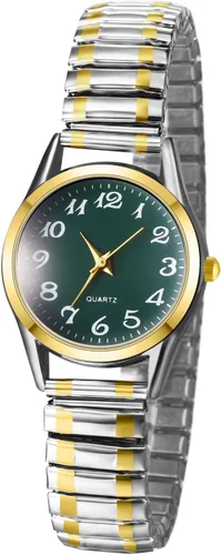 Vista 20 de JewelryWe Reloj de lectura fácil ultrafino para mujer con correa elástica de tono dorado/plateado