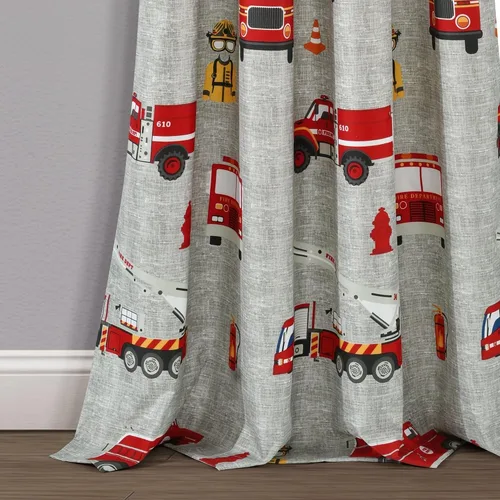 Vista 5 de Lush Decor Panel de cortina para ventana de camión de bomberos, par, 52 pulgadas de ancho x 84 pulgadas de largo, rojo y gris - Cortinas