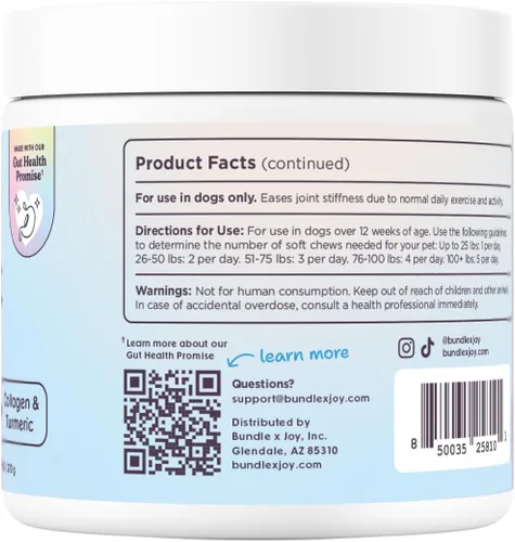 Vista 7 de Bundle x Joy Suplemento radiante de apoyo para cadera y articulaciones para perros, 90 masticables suaves, glucosamina condroitina para perros