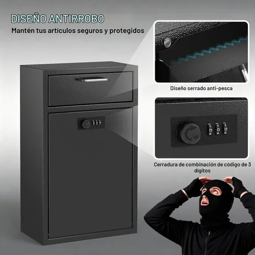Vista 4 de Caja fuerte de buzón de pared con cerradura para negocios - Caja de seguridad resistente de 1.2mm con código - Caja de seguridad vertical a prueba