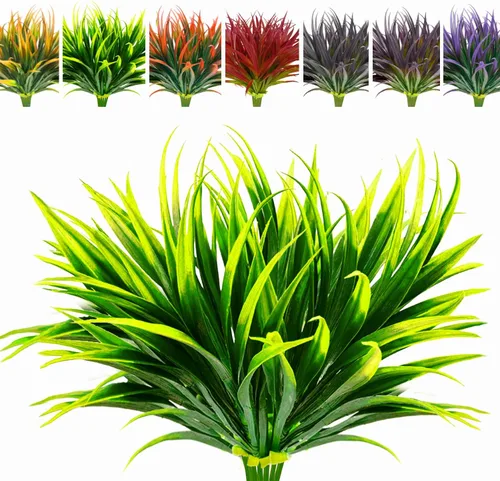 Vista 25 de 8 piezas de plantas falsas para exteriores, resistentes a los rayos UV, plantas de césped alto artificiales, flores tropicales, arbustos, decoración