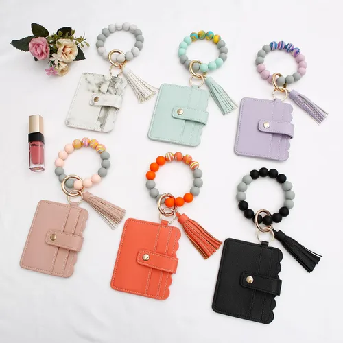 Vista 5 de Real Sic Pulsera de pulsera llavero billetera, soporte para tarjetas de crédito con cuentas de silicona, funda multifuncional de moda para tarjetas