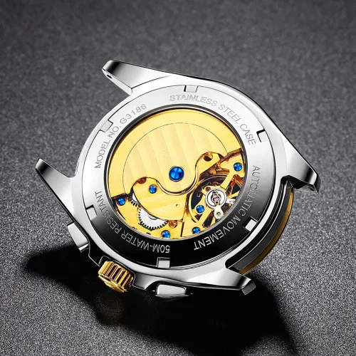 Vista 3 de OUPINKE Relojes para hombre con esqueleto automático de cuerda automática, reloj de pulsera, resistente al agua, tungsteno luminoso