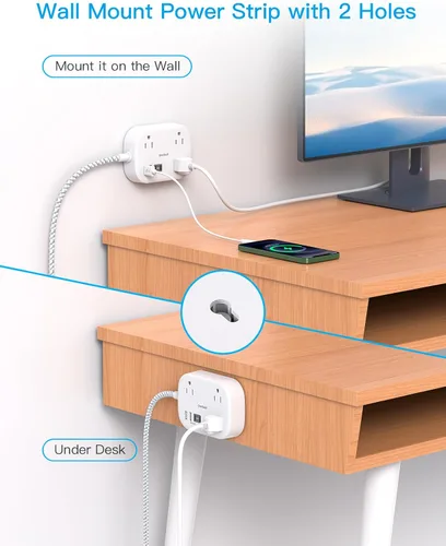 Vista 6 de Cruise Essentials 2026, regleta de alimentación de viaje con USB C, cable de extensión de enchufe plano de 1 pie con 3 tomas, 4 puertos USB