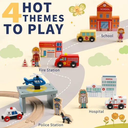 Vista 3 de Qilay Juego de tren de madera de 121 piezas con bolsa de almacenamiento, juego de pista de tren de madera Busy Port City para niños a partir de 3