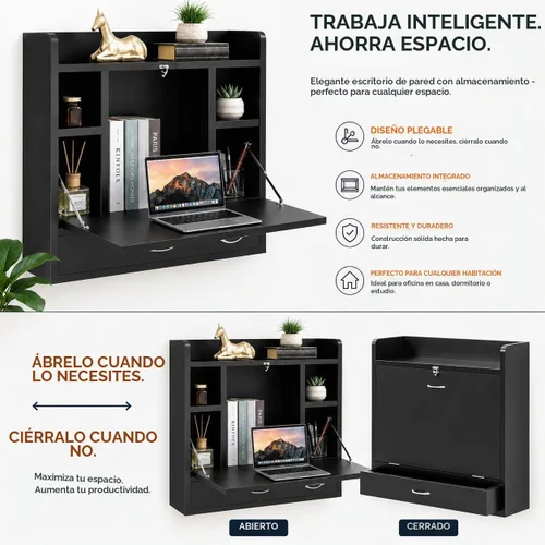 Vista 9 de Basicwise Escritorio plegable montado en la pared, escritorio plegable que ahorra espacio con estantes de almacenamiento y cajón, mesa flotante Negro
