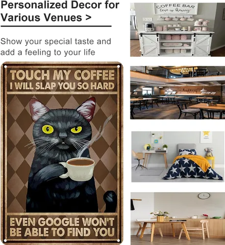 Vista 2 de CrazySign Cartel de lata con texto en inglés «Touch My Coffee I Will Slap You So Hard» con texto en inglés «Funny Black Cat Touch My Coffee I Will
