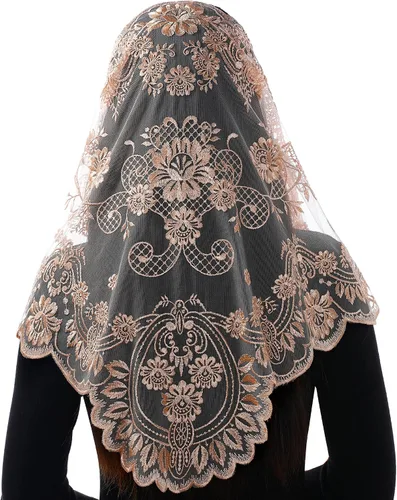 Vista 13 de Bozidol Velos de Mantilla de Capilla Católica en Triángulo - Bufanda Corta de Embroidería de Camelia para Misa Latina, Velo de Iglesia de Encaje