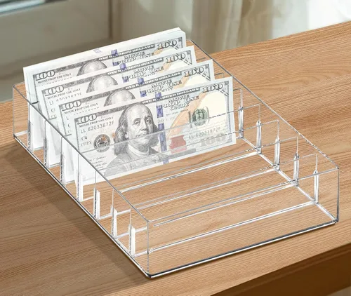 Vista 5 de XUWAIDSGN Organizador de efectivo acrílico grande de 8 secciones, organizador de bandeja de presupuesto de dinero transparente, divisor de plástico