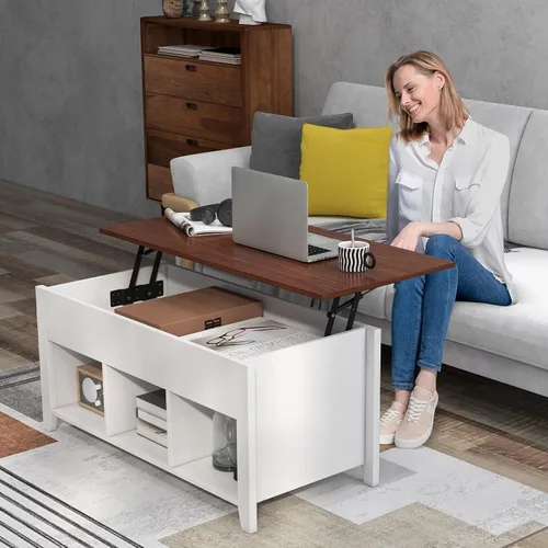 Vista 2 de GOFLAME Mesa auxiliar elevable, mesa central con mesa elevadora, compartimento oculto, 3 estantes abiertos, patas medias, almohadillas