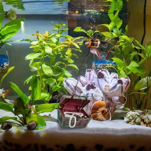 Vista 3 de Bestgoo, nuevo estilo, acción, decoración de acuarios, debajo del mar, buceador de cofre del tesoro, acción en vivo, aireación, decoraciones