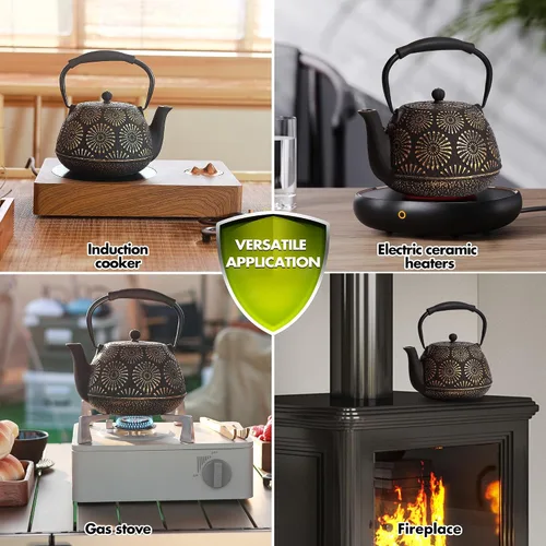 Vista 7 de Tetera de hierro fundido, hervidor de té de 40 onzas con infusor para estufa, diseño Sakura, tetera japonesa para hojas sueltas con interior Negro