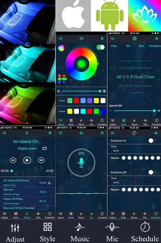 Vista 6 de Luces interiores de automóvil RGB Muto-Beam 4 tiras de luz LED multicolor para automóvil con control de aplicación, luces RGB con modo de bricolaje