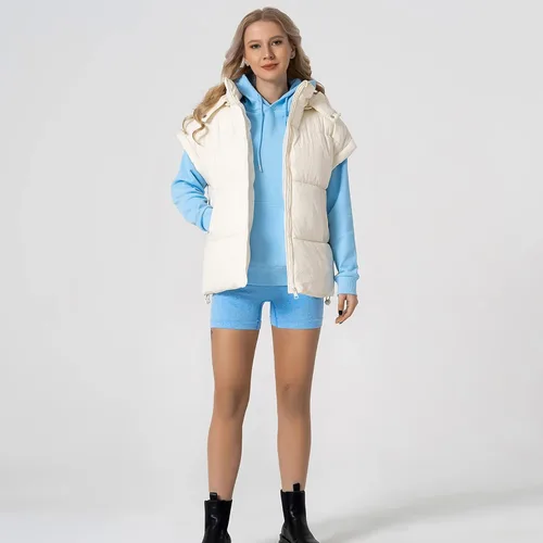 Vista 6 de Shiyifa Chaleco acolchado para mujer, chaqueta de gran tamaño, sin mangas, ligera, con cremallera, con capucha desmontable