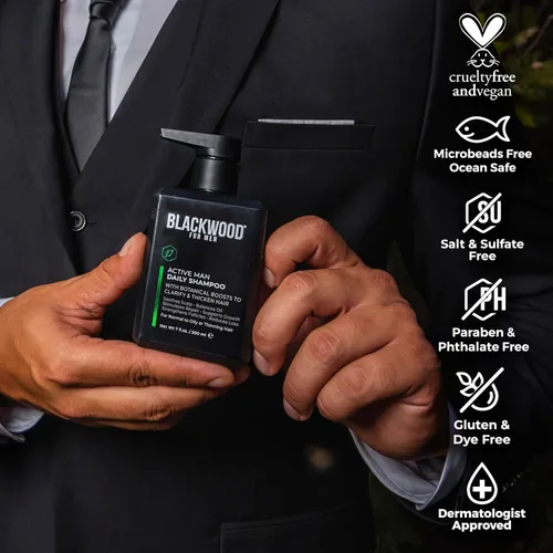 Vista 3 de BLACKWOOD FOR MEN Active Man Daily Shampoo - Champú espesante y aclarante para cabello o cuero cabelludo normal a graso - Combate la pérdida