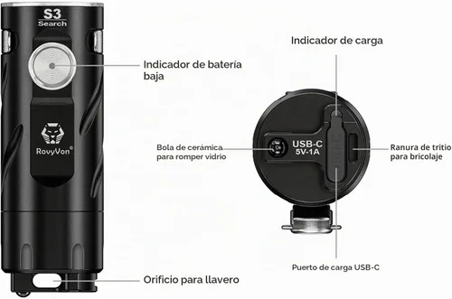 Vista 3 de RovyVon S3 - Linterna EDC de 1800 lúmenes súper brillante USB C recargable compacta LED de bolsillo, cuatro niveles de brillo, modo de memoria