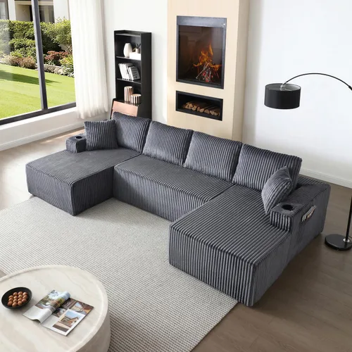 Vista 12 de Sofá cama modular de 124 pulgadas, sofá de nube sin hueso para sala de estar, sofá de 5 asientos en forma de U con 2 bolsillos de almacenamiento y 2