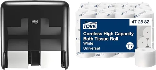 Vista 15 de Tork OptiServe - Dispensador de papel higiénico (2 rollos) sin cilindro de cartón interior, negro T7/T5, dispensador vertical, diseño de elevación +