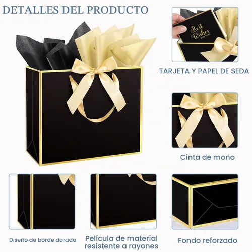Vista 3 de Ethhqu Bolsas de regalo grandes con asas, 3 piezas negras con borde dorado