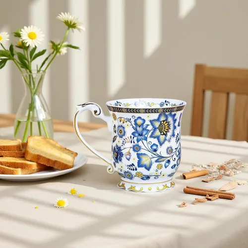 Vista 3 de Taza de café vintage con estampado de flores en relieve, taza de café retro de porcelana de alta calidad de 11.8 onzas para café, té, leche, Azul