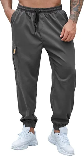 Vista 3 de Uni Clau Pantalones cargo casuales para hombre, ligeros, para senderismo, con cordón, múltiples bolsillos