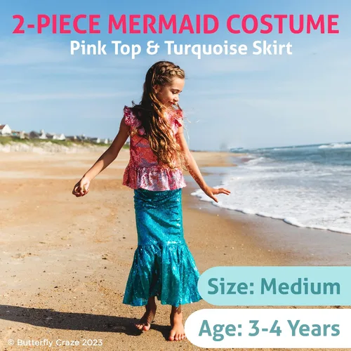 Vista 2 de Butterfly Craze Little Girl's Mermaid Costume, TopDress with Skirt - Perfect for Birthday Parties, Halloween, School Fairs