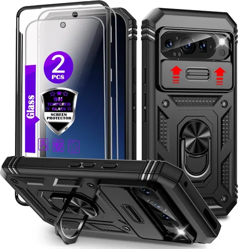 Vista 14 de Funda para Pixel 9 Pro XL con cubierta deslizante para cámara, 2 protectores de pantalla de vidrio templado, soporte de anillo giratorio de 360°