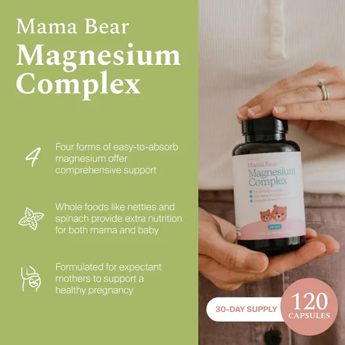 Vista 2 de Suplemento de complejo de magnesio Mama Bear, 120 cápsulas 4 formas: glicinato, citrato, L-treonato y elemental, además de ortigas y espinacas