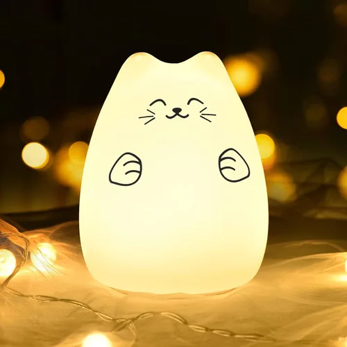 Vista 10 de Lámpara LED de mesilla de noche con forma de gato, multicolor silicona suave para habitación del bebé, control, blanco cálido y 7 modos de luz