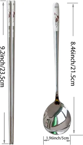 Vista 8 de Juego de palillos y cucharas reutilizables, juego de cuchara y palillos coreanos de acero inoxidable de mango largo, palitos de metal aptos