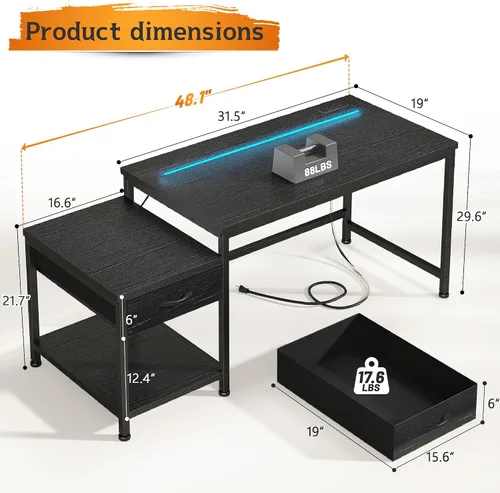 Vista 2 de DurayLoly Escritorio para juegos de 48.1 pulgadas con luces LED y tomas de corriente, escritorio reversible para computadora con cajones y estante