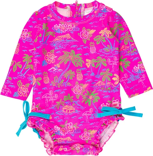 Vista 53 de RuffleButts - Traje de baño de una pieza con protección solar UPF 50+, camiseta de protección floral estampado, manga larga, con cierre zipper
