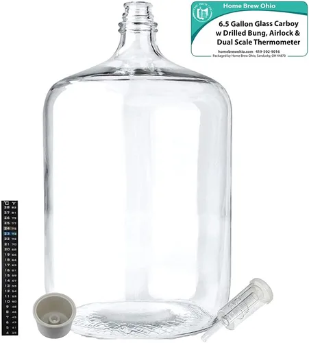 Vista 2 de Home Brew Ohio Carboy de vidrio de 6.5 galones con tapón perforado, esclusa de aire de tres piezas y termómetro de doble escala