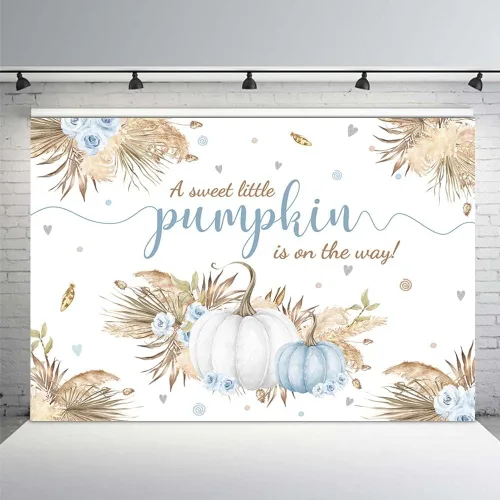 Vista 18 de MEHOFOND Telón de fondo bohemio de calabaza pequeña de 7 x 5 pies para niño, baby shower, hojas de otoño, hierba de pampas, hierba de Acción