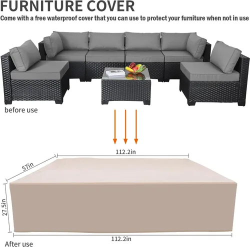 Vista 7 de WAROOM Juego de 7 fundas de cojín para exteriores para muebles de patio, fundas de cojín de repuesto para sofá de 6 plazas, sofá modular de ratán