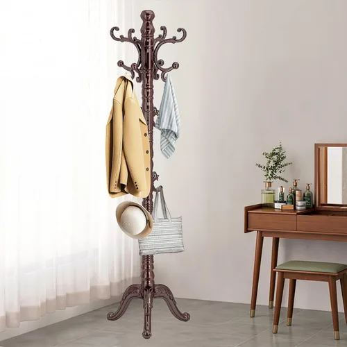 Vista 6 de OIRUMIE Perchero de pie de madera, perchero de madera vintage de pie con base triangular resistente, percheros clásicos con 14 ganchos, soporte