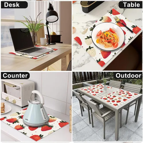 Vista 6 de Juego de 6 manteles individuales lavables con diseño de fresa dulce, para primavera y verano, frutas, resistentes al calor, de algodón y lino