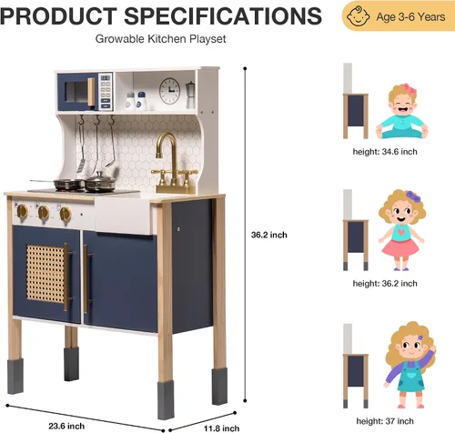 Vista 7 de ROBOTIME Cocina de Madera para Jugar, Juego de Cocina para Niños y Pequeñitos, Cocina de Juego para Niños con Luces y Sonidos, Cocina de Juguete Azul