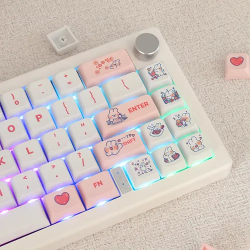 Vista 5 de Animal Rabbit - Lindas teclas de conejo personalizadas para teclado mecánico, 130 teclas de sublimación de tinte PBT (conejo rosa)