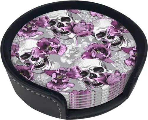 Vista 10 de Famame 6 posavasos de cuero para bebidas con soporte para pintura al óleo, hermosos juegos de posavasos Santorini para mesa de bebidas, posavasos