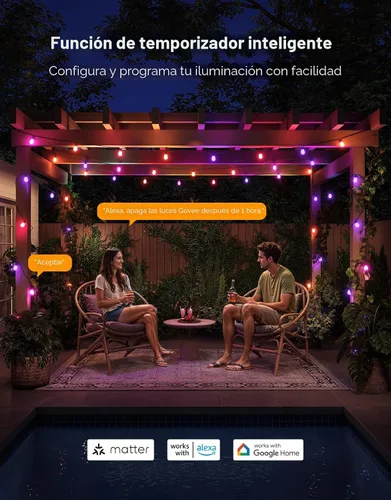 Vista 6 de Govee Guirnalda de luces S14 para exteriores, luces inteligentes RGBIC de 48 pies de color blanco cálido con 15 bombillas LED, 111 modos de escena