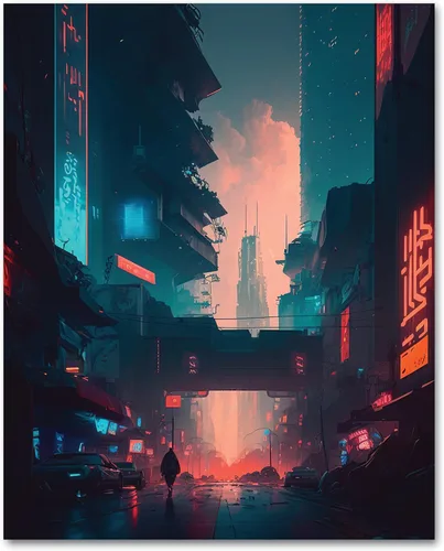 Vista 12 de My Vinyl Story Póster impreso de Ciudad Cyber Punk City para decoración de pared, arte de pared moderno, decoración estética, impresiones de 16 x 20