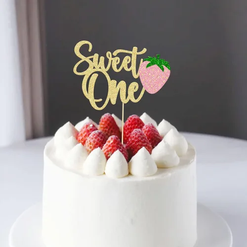 Vista 7 de Gyufise 1 pieza de fresa Sweet One Cake Topper Glitter First Birthday Strawberry Cake Pick para el tema de fruta dulce, baby shower, fiesta