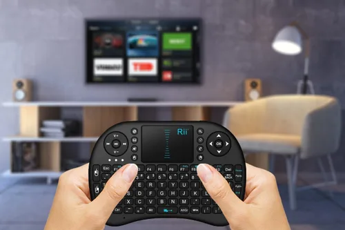 Vista 5 de Teclado táctil Rii i8+ miniatura, inalámbrico 2.4G luz de fondo con ratón para PC/Mac/Android, dorado Negro