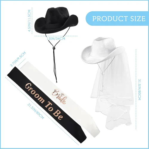 Vista 2 de SATINIOR 2 piezas de sombrero de vaquero con velo, novio y novia, 2 piezas de novia y novio para ser Fajín de despedida de soltera para mujeres