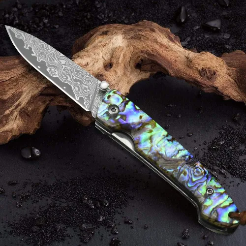 Vista 7 de Cuchillo de bolsillo NedFoss, cuchillo de bolsillo de Damasco con mango de concha de abalón, cuchillo plegable de acero Damasco forjado hecho a mano