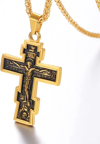 Vista 2 de U7 Colgante de cruz ortodoxa rusamanos rezandosigno de Ichthys para hombres y mujeres, acero inoxidable chapado en oro de 18 quilates, collar