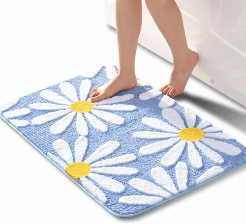 Vista 32 de QJHOMO Alfombra de baño beige con diseño de margaritas, decoración de flores blancas y amarillas, alfombra antideslizante de microfibra, súper