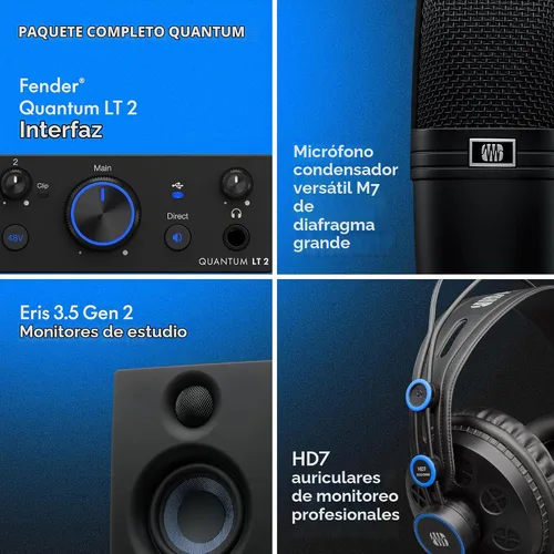 Vista 4 de Paquete completo de grabación Fender Quantum con interfaz USB Quantum LT2, micrófono, altavoces, auriculares y software de grabación. Paquete todo