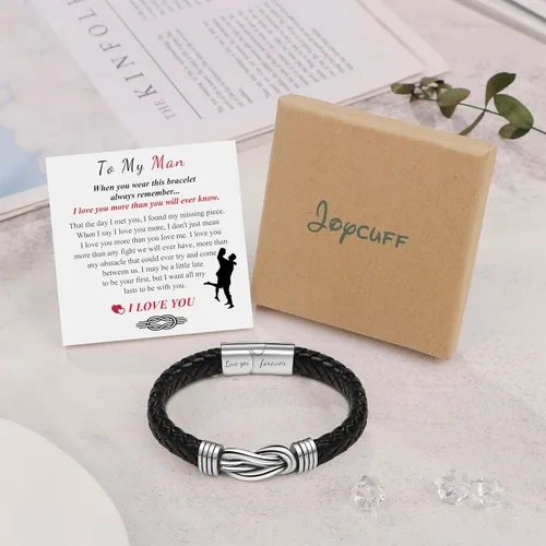 Vista 6 de JoycuFF Pulseras de cuero trenzado marrón para hombre, regalos para papá, novio, marido, hijo, nieto, hermano, para siempre, para el día del padre